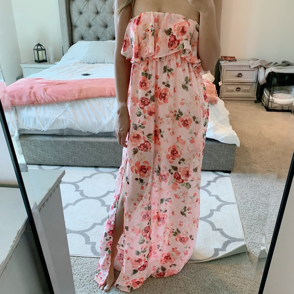 Meritt Pink Ruffle Flowy Floral Maxi Dress